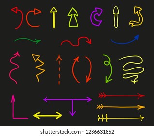 Hand drawn infographic elements on black. Abstract arrows. Line art. Right and left direction pointers. Doodles for banners, posters, flyers and textiles