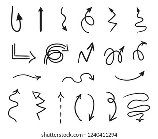 Hand drawn infographic elements on white. Abstract arrows. Line art. Set of different signs. Black and white illustration. Doodles for artworks