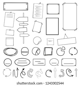 Hand drawn infographic elements on white. Abstract arrows. Line art. Set of different signs. Black and white illustration. Doodles for artworks