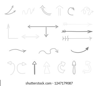 Hand drawn infographic elements on white. Abstract arrows. Line art. Set of different signs. Black and white illustration. Doodles for artworks