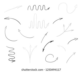 Hand drawn infographic elements on white. Abstract arrows. Line art. Set of different signs. Black and white illustration. Doodles for artworks