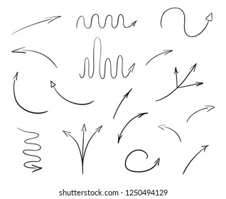 Hand drawn infographic elements on white. Abstract arrows. Line art. Set of different signs. Black and white illustration. Doodles for artwork
