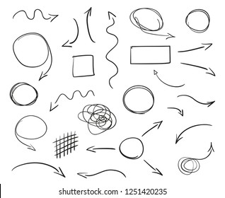 Hand drawn infographic elements on white. Abstract arrows. Line art. Set of different shapes. Black and white illustration. Doodles for artwork