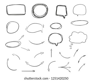 Hand drawn infographic elements on white. Abstract arrows. Line art. Set of different shapes. Black and white illustration. Doodles for artwork