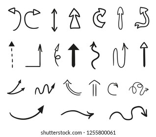 Hand drawn infographic elements on white. Abstract arrows. Line art. Set of different signs. Black and white illustration. Doodles for business