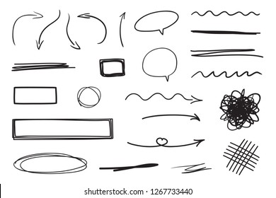 Hand drawn infographic elements on white. Abstract arrows. Line art. Set of different shapes. Black and white illustration. Doodles for artwork