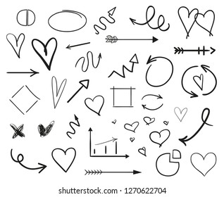 Hand drawn infographic elements on white. Abstract arrows and hearts. Line art. Set of different sketchy shapes. Black and white illustration. Doodles for design and business