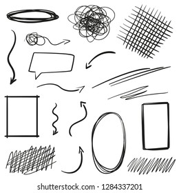 Hand drawn infographic elements on white. Abstract arrows. Line art. Set of different shapes. Black and white illustration. Doodles for artwork