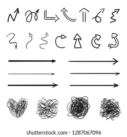 Hand drawn infographic elements on white. Abstract sketchy arrows. Line art. Set of different shapes. Black and white illustration. Doodles for artwork