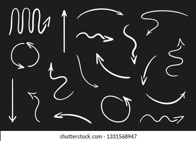 Hand drawn infographic elements on black. Abstract white arrows. Line art. Set of different pointers