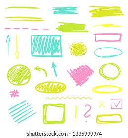 Hand drawn infographic elements on white. Abstract multicolored signs. Line art. Set of different geometric shapes. Colorful illustration. Doodles for artwork