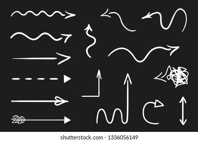 Hand drawn infographic elements on black. Abstract white arrows. Line art. Set of different pointers