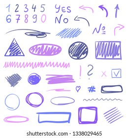 Hand drawn infographic elements on white. Abstract multicolored signs. Line art. Set of different geometric shapes. Colorful illustration. Doodles for artwork