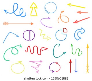 Hand drawn infographic elements on white. Abstract multicolored arrows. Line art. Colorful illustration. Doodles for artwork