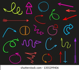 Hand drawn infographic elements on black. Abstract arrows. Line art. Doodles for banners, posters or flyers