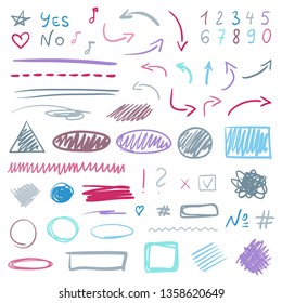 Hand drawn infographic elements on white. Abstract multicolored signs. Line art. Set of different geometric shapes. Colorful illustration. Doodles for artwork