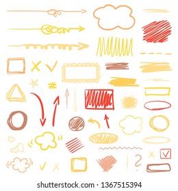 Hand drawn infographic elements on white. Abstract multicolored signs. Line art. Set of different geometric frames. Colorful illustration. Doodles for artwork