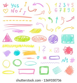Hand drawn infographic elements on white. Abstract multicolored shapes and signs. Set of different geometric doodles