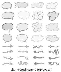 Hand drawn infographic elements on isolation background. Monochrome abstract clouds. Set of think and talk speech bubbles. Different arrows. Black and white illustration