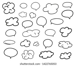 Hand drawn infographic elements on isolation white background. Abstract clouds. Set of think and talk speech bubbles. Black and white illustration