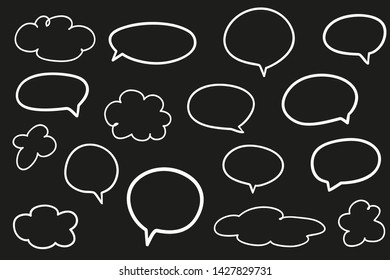 Hand drawn infographic elements on isolation black background. Abstract clouds. Set of think and talk speech bubbles. Black and white illustration