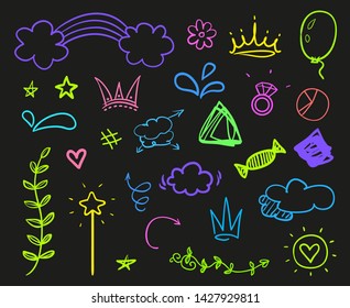 Hand drawn infographic elements on black. Abstract arrows. Doodles for banners, posters and flyers