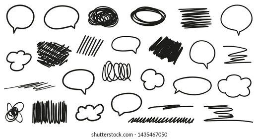Hand drawn infographic elements on isolated white background. Abstract clouds. Set of think and talk speech bubbles. Black and white illustration
