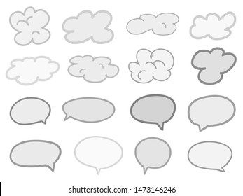 Hand drawn infographic elements on isolation background. Abstract clouds. Set of think and talk speech bubbles. Black and white illustration