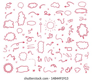 Elementos infográficos dibujados a mano sobre blanco. Signos abstractos de color. Arte de línea. Conjunto de marcos diferentes. Ilustración colorida. Doodles para el trabajo