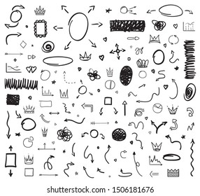 Hand drawn infographic elements on white. Abstract arrows. Line art. Set of different signs and shapes. Black and white illustration. Doodles for your work
