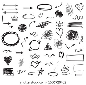 Hand drawn infographic elements on white. Line art. Set of different shapes. Black and white illustration