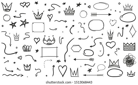 Hand drawn infographic elements on white. Line art. Set of different signs and shapes. Black and white illustration