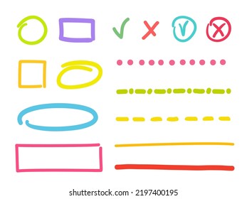 Elementos infográficos dibujados a mano sobre fondo blanco aislado. Colorido conjunto de signos esquemáticos. Símbolos simples dibujados a mano