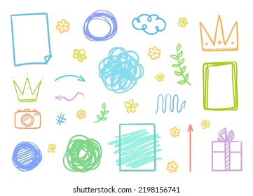 Hand drawn infographic elements on isolated white background. Colored set of sketchy signs. Hand drawn simple symbols
