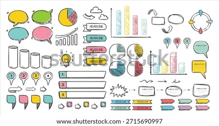 Hand Drawn Infographic Elements Set, Doodle Charts, Graphs, Arrows, Speech Bubbles, Business Presentation Icons, Colorful Sketch Style Vector Illustration.