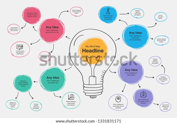 Hand drawn infographic for\
mind map visualization template with light bulb as a main symbol,\
colorful circles and icons. Easy to use for your design or\
presentation.