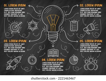 Pasos de infografía dibujados a mano en la pizarra. Bombilla en el centro e iconos de negocios alrededor. Ilustración vectorial.
