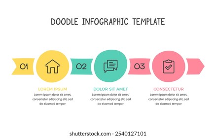 Hand drawn infographic template - arrow with 3 connected circles with place for your icons and text, vector eps10 illustration