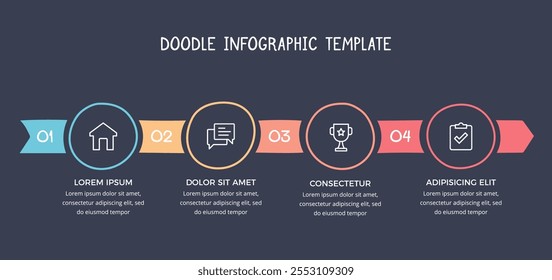 Hand drawn infographic template - arrow with 4 connected circles with place for your icons and text, dark background, vector eps10 illustration