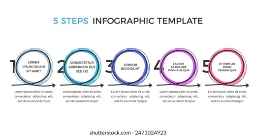 Plantilla de infografía dibujada a mano con cinco Elementos para sus círculos de texto y flechas, Vector eps10 ilustración