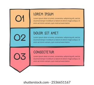Modelo infográfico desenhado à mão - processo com três estágios ou etapas, ilustração eps10 vetorial