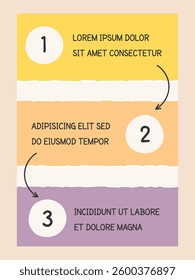 Hand drawn infographic template with three elements for text with numbers connected with arrows, vector eps10 illustration
