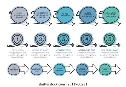 Hand drawn infographic templates with five circles and arrows, vector eps10 illustration
