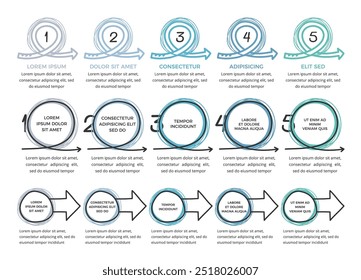 Modelos de infográfico desenhados à mão com cinco círculos e setas, ilustração eps10 vetor