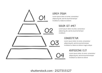 Hand drawn infographics - pyramid with four segments, doodle style, vector eps10 illustration