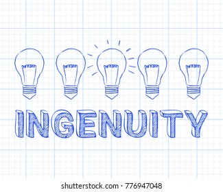 Hand drawn ingenuity sign and light bulb on graph paper background