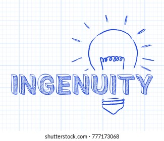 Hand drawn ingenuity sign and light bulb on graph paper background