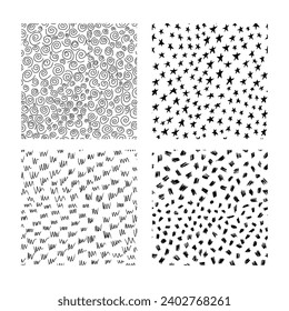 Hand drawn ink abstract seamless textures. Set of four seamless textures with scribbles, circles, stars and curved lines. Modern trendy background