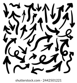 Hand drawn ink arrow set, marker sketch of wavy, curly pointers isolated on white background 