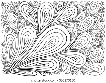 Hand drawn with ink background with doodles, drops. Vector pattern black and white illustration can be used for wallpaper, coloring book pages for kids and adults.